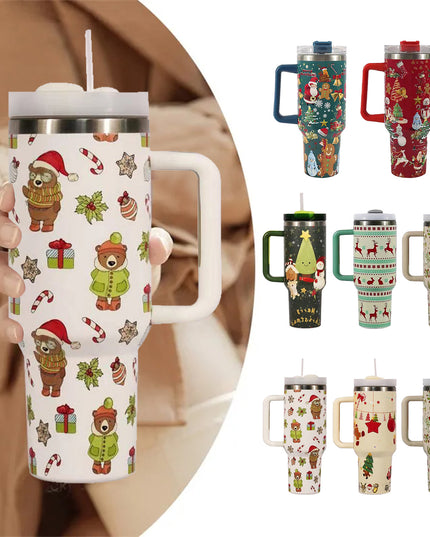 New Christmas Pattern Mug With Handle Lid Straw Drinkware Stainless Steel Vacuum Tumbler Large Capacity Car Travel Coffee Cup