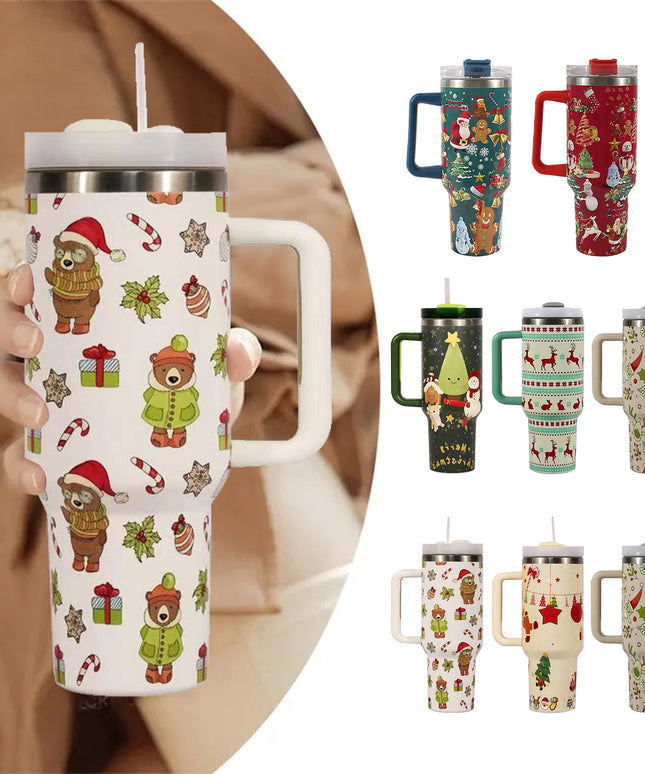 New Christmas Pattern Mug With Handle Lid Straw Drinkware Stainless Steel Vacuum Tumbler Large Capacity Car Travel Coffee Cup