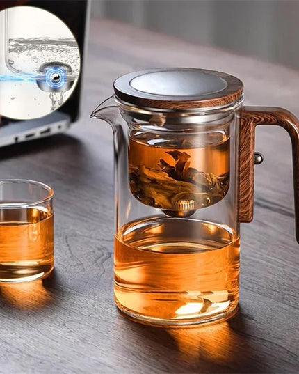One Click Magnetic Teapot Separation Filtration Glass Tea Pot Wood Handle Tea Water Separation Inner Container Teapot
