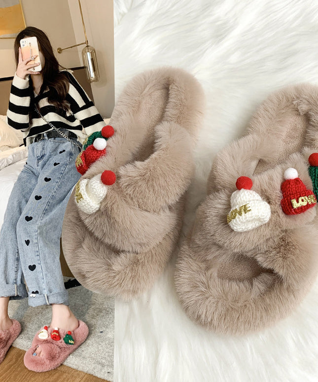 Christmas Hat Fluffy Slippers Women's Warm Toe Covering Cotton Slippers