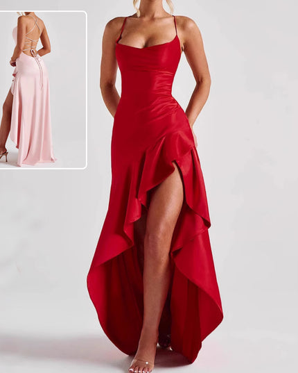 Women's Backless Ruffles Irregular Dress Summer Fashion Evening Party Club Split Suspender Maxi Dresses Clothing