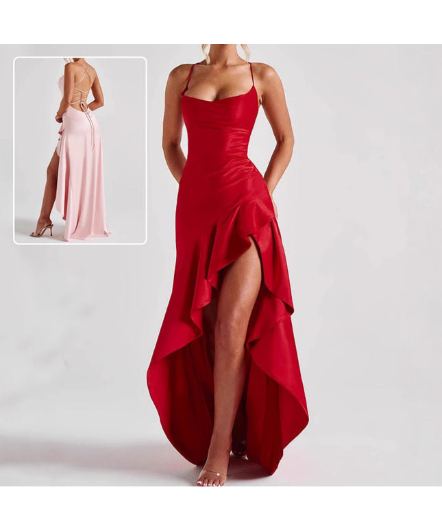 Women's Backless Ruffles Irregular Dress Summer Fashion Evening Party Club Split Suspender Maxi Dresses Clothing