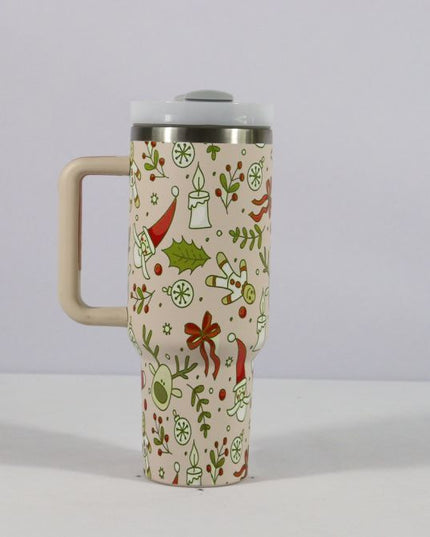 New Christmas Pattern Mug With Handle Lid Straw Drinkware Stainless Steel Vacuum Tumbler Large Capacity Car Travel Coffee Cup