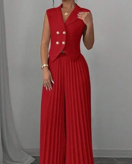 Summer Sleeveless Suit Fashion Lapel Button Vest Top And Pleated Straight Pants Women's Trousers Set Clothing