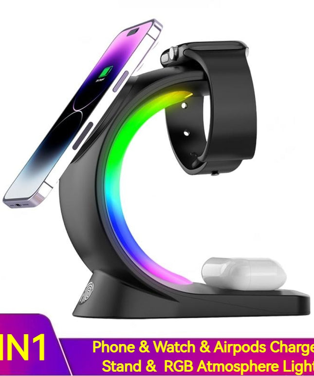4 In 1 Magnetic Wireless Charger Fast Charging For Smart Phone Atmosphere Light Charging Station For Airpods Pro I-phone Watch