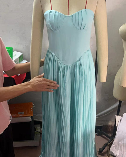 Blue Strapless Slimming Pleated Tight Dress