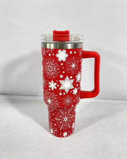 New Christmas Pattern Mug With Handle Lid Straw Drinkware Stainless Steel Vacuum Tumbler Large Capacity Car Travel Coffee Cup