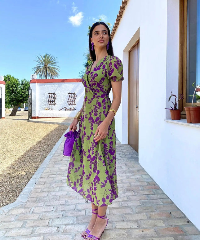 Top Selling V-neck Short Sleeved Dress - Floral Print Pleated Detail Women's Casual Summer Dress