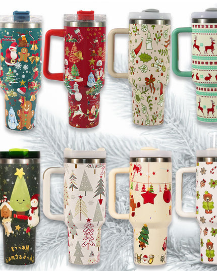 New Christmas Pattern Mug With Handle Lid Straw Drinkware Stainless Steel Vacuum Tumbler Large Capacity Car Travel Coffee Cup