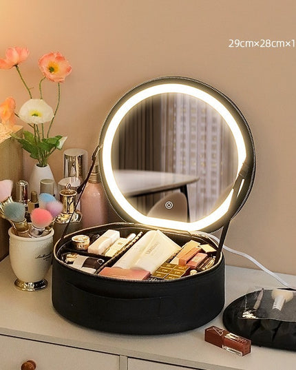 Round Smart LED Makeup Bag With Mirror Lights Women Beauty Bag Large Capacity PU Leather Travel Organizers Cosmetic Case