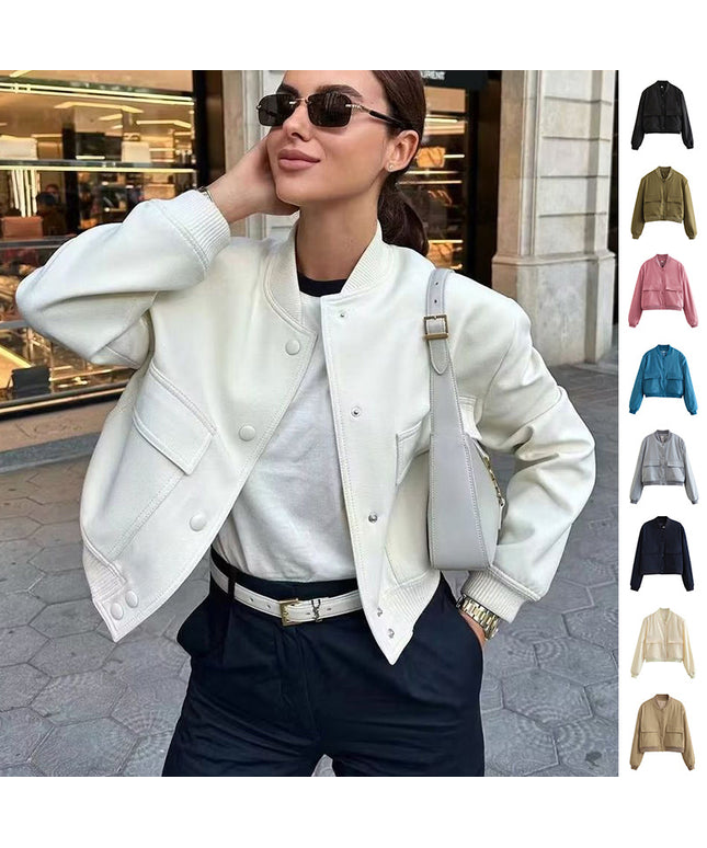 Casual Single-breasted Stand Collar Short Jacket With Pockets Fashion Long Sleeve Outwear Tops Coat For Womens Clothing