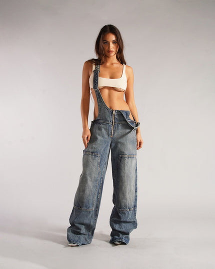 Y2K Zipper Denim Overalls With Pockets Fashion Loose Suspender Jumpsuit Streetwear Jeans Pants Womens Clothing
