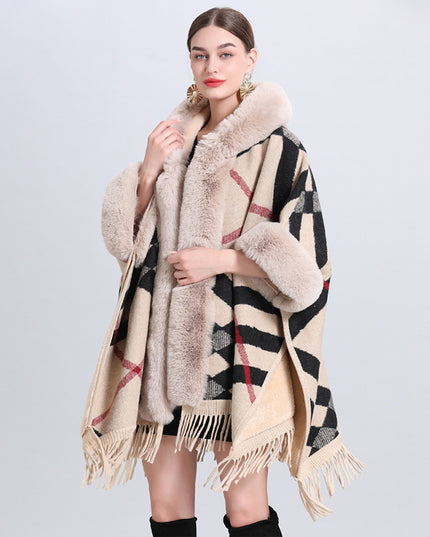 Loose Plaid Plus Cashmere Fur Collar Knitted Inverness