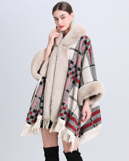 Loose Plaid Plus Cashmere Fur Collar Knitted Inverness