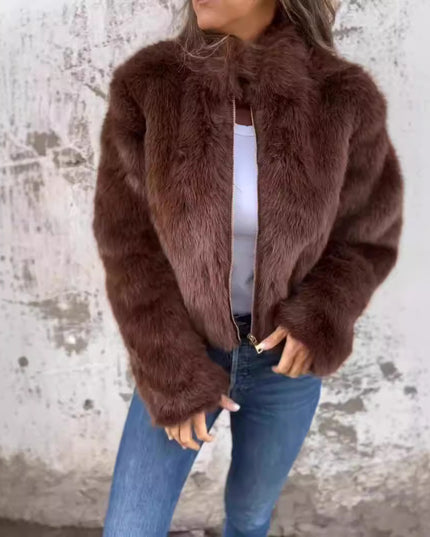 Fashion Stand Collar Plush Jacket Winter Casual Turtleneck Zipper Coat Fleece Tops Women's Clothing