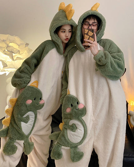 Cute Cartoon Jumpsuit Homewear Couple One-piece Nightgown Coral Fleece Winter Thickened Plush Pajamas For Women Home Clothes