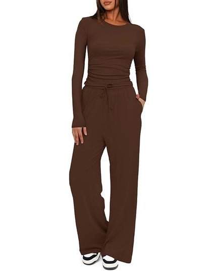 2 Pieces Women's Suit Autumn Winte Long Sleeve Tops High Waisted Wide Leg Pants Sportswear Female Clothes Solid Color Casual Suit