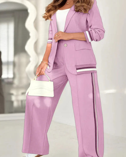 2 Pcs Set Women Suit Coat Pants Suit Lapel Long Sleeves Lady Jacket Wide Leg High Waist Trousers Female Commuting Office Outfit