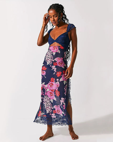 Slim V-neck Lace Shoulder-strap Dress Stitching Flowers Print Long Dresses Summer Women's Clothing