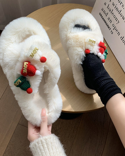 Christmas Hat Fluffy Slippers Women's Warm Toe Covering Cotton Slippers