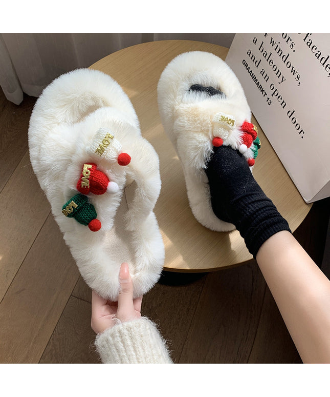 Christmas Hat Fluffy Slippers Women's Warm Toe Covering Cotton Slippers