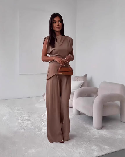 Women's Sleeveless Suit Fashion Slim Irregular Split Top And Straight Pants Solid Trouser Set