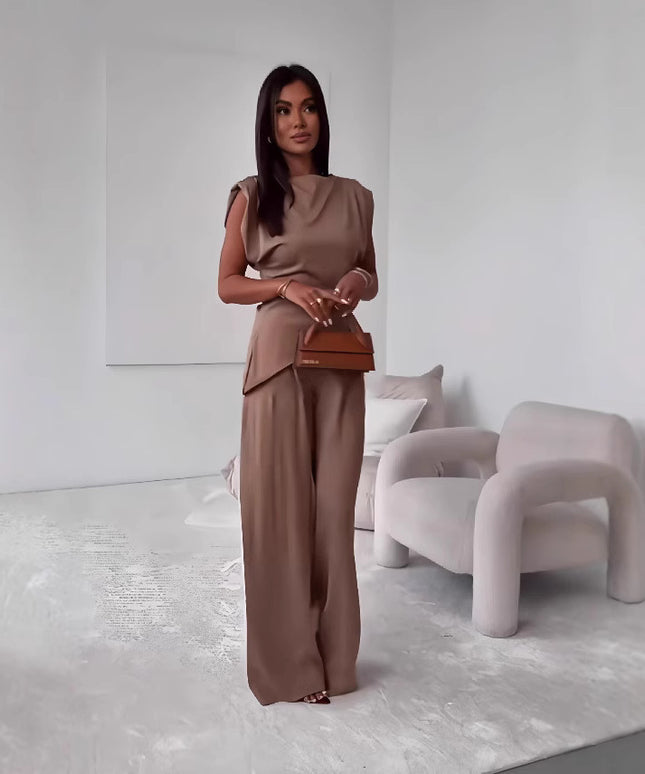 Women's Sleeveless Suit Fashion Slim Irregular Split Top And Straight Pants Solid Trouser Set