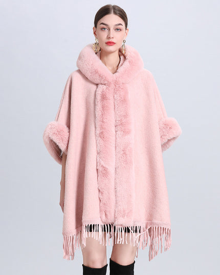 Loose Plaid Plus Cashmere Fur Collar Knitted Inverness