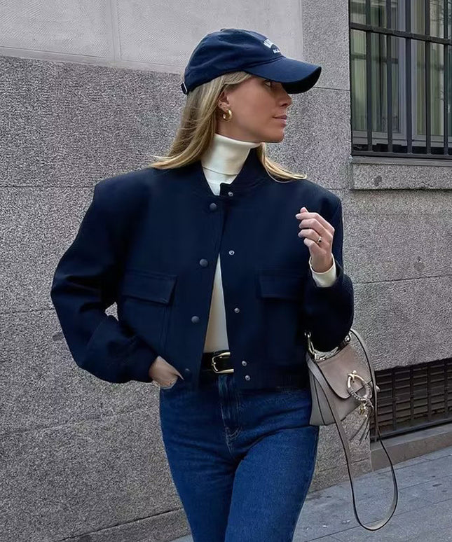 Casual Single-breasted Stand Collar Short Jacket With Pockets Fashion Long Sleeve Outwear Tops Coat For Womens Clothing