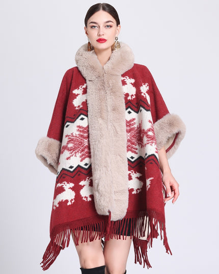 Loose Plaid Plus Cashmere Fur Collar Knitted Inverness