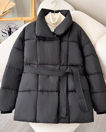 Winter Plaid Sewing Lapel Coat With Lace-up Design Fashion Loose Solid Thick Jacket Outerwear Women's Clothing