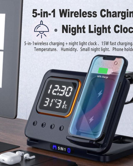 15W Wireless Chargers Stand 5 In1 LED Digital Alarm Clock Fast Charging Dock Station