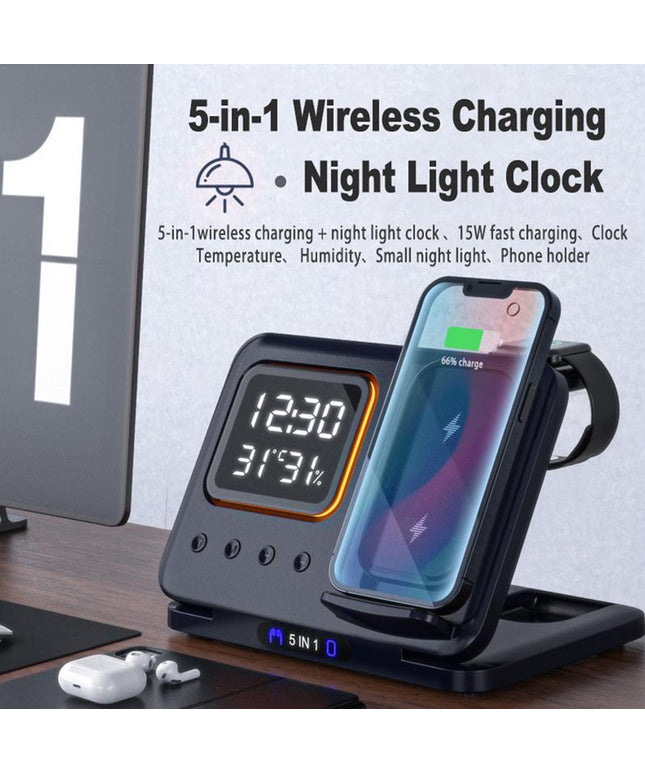 15W Wireless Chargers Stand 5 In1 LED Digital Alarm Clock Fast Charging Dock Station