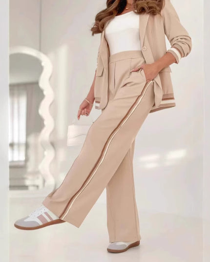 2 Pcs Set Women Suit Coat Pants Suit Lapel Long Sleeves Lady Jacket Wide Leg High Waist Trousers Female Commuting Office Outfit