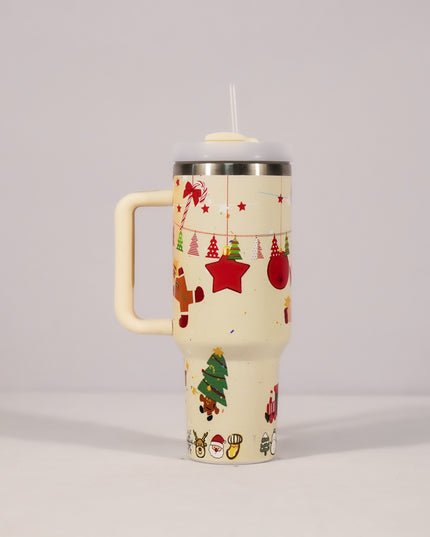New Christmas Pattern Mug With Handle Lid Straw Drinkware Stainless Steel Vacuum Tumbler Large Capacity Car Travel Coffee Cup