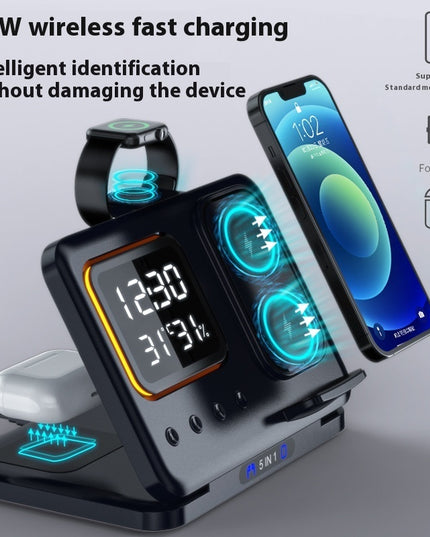 15W Wireless Chargers Stand 5 In1 LED Digital Alarm Clock Fast Charging Dock Station