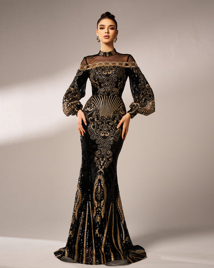 Long Sleeve Round Neck Sequins Mesh Fishtail Evening Dress