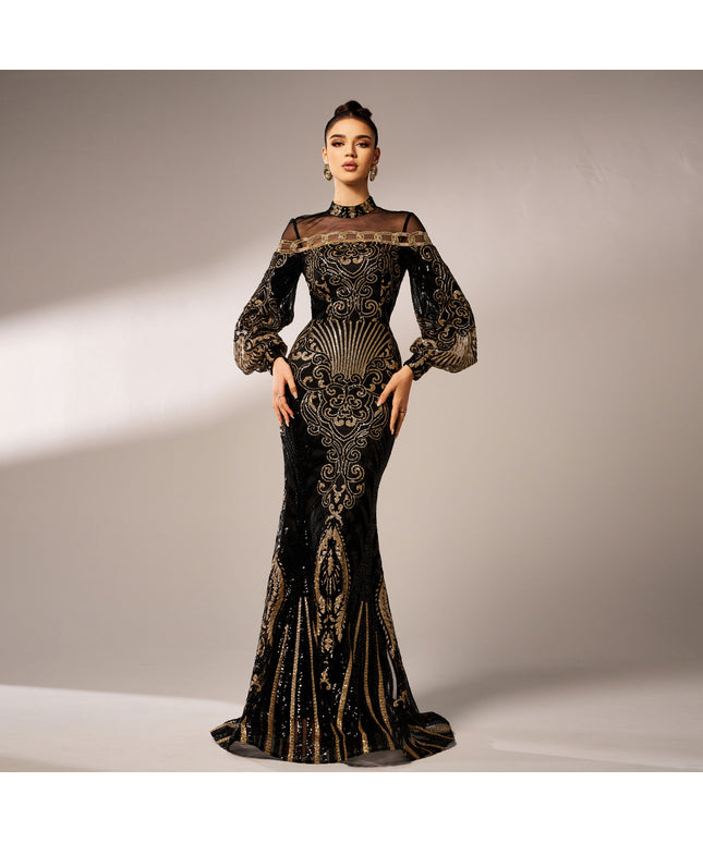 Long Sleeve Round Neck Sequins Mesh Fishtail Evening Dress