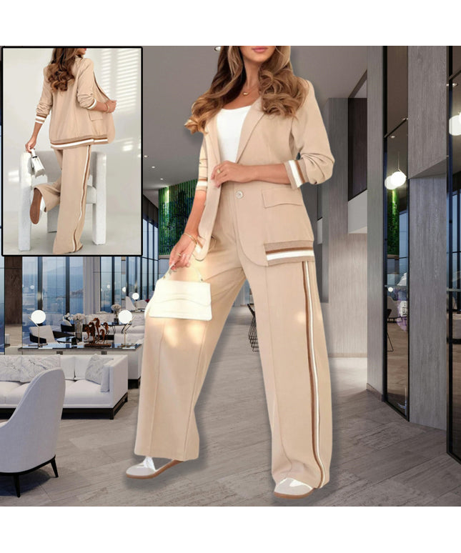 2 Pcs Set Women Suit Coat Pants Suit Lapel Long Sleeves Lady Jacket Wide Leg High Waist Trousers Female Commuting Office Outfit