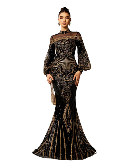 Long Sleeve Round Neck Sequins Mesh Fishtail Evening Dress