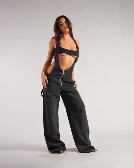 Y2K Zipper Denim Overalls With Pockets Fashion Loose Suspender Jumpsuit Streetwear Jeans Pants Womens Clothing