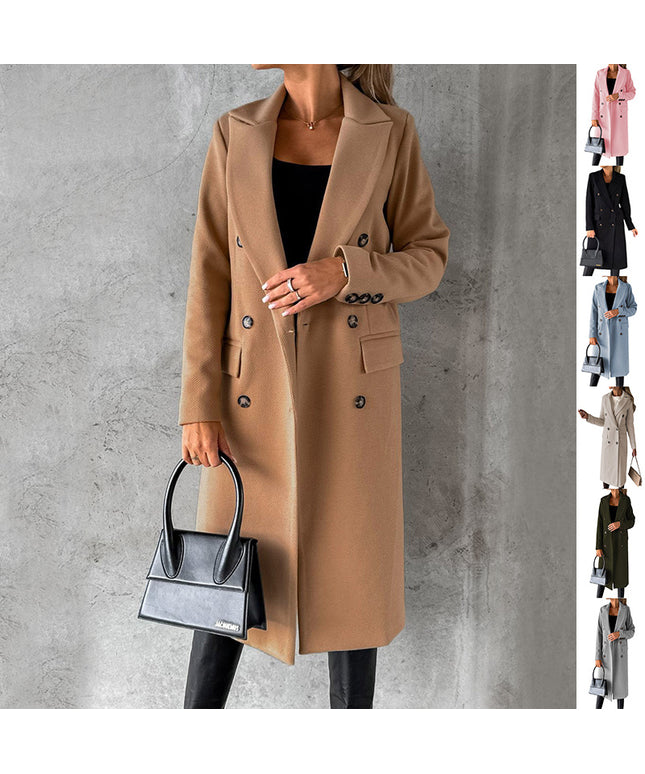 Double Breasted Lapel Coat Winter Fashion Solid Slim Long Jacket Long Sleeve Tops Womens Clothing