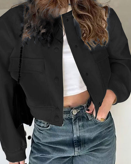 Fashion Button Stand-collar Jacket With Big Pockets Casual Loose Short Outwear Tops Coat For Women Clothing