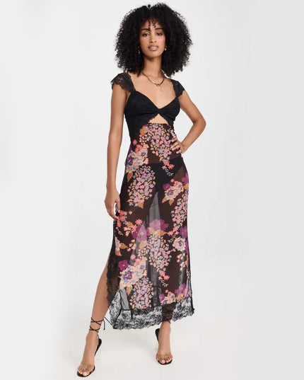 Slim V-neck Lace Shoulder-strap Dress Stitching Flowers Print Long Dresses Summer Women's Clothing