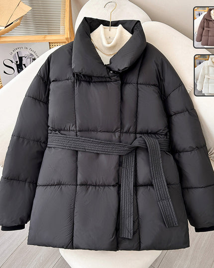 Winter Plaid Sewing Lapel Coat With Lace-up Design Fashion Loose Solid Thick Jacket Outerwear Women's Clothing