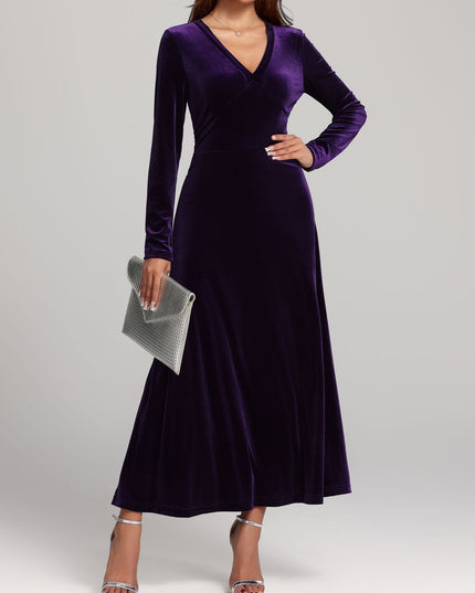 Elegant V-neck Long Sleeved Gold Velvet Evening Dress Women's Clothing - Fashionable And Comfortable Autumn And Winter Party Dress