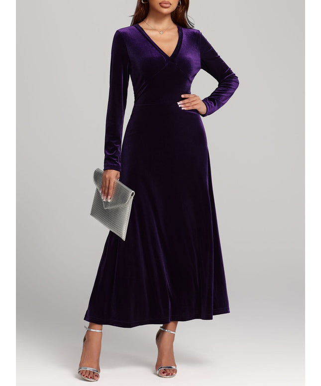 Elegant V-neck Long Sleeved Gold Velvet Evening Dress Women's Clothing - Fashionable And Comfortable Autumn And Winter Party Dress