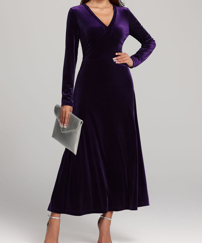 Elegant V-neck Long Sleeved Gold Velvet Evening Dress Women's Clothing - Fashionable And Comfortable Autumn And Winter Party Dress