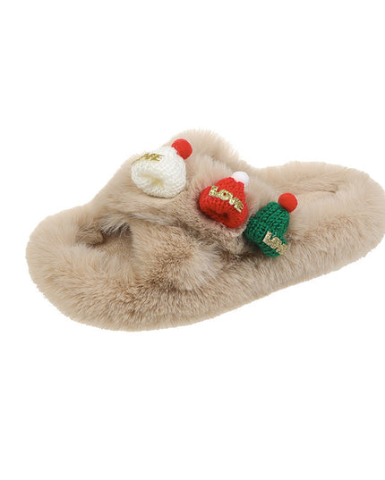 Christmas Hat Fluffy Slippers Women's Warm Toe Covering Cotton Slippers
