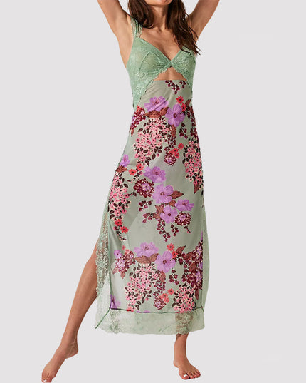Slim V-neck Lace Shoulder-strap Dress Stitching Flowers Print Long Dresses Summer Women's Clothing